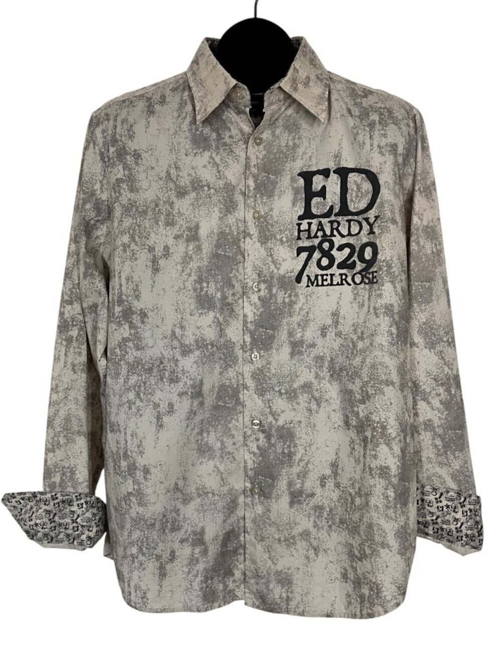 Ed Hardy Graphic Button Front Shirt M Gray Long Sleeve Studded